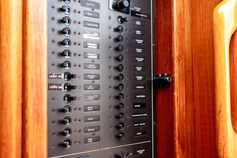 Renegade Yacht Photos Pics Control panel of a 1994 Little Harbor Express boat, featuring various switches and indicators.