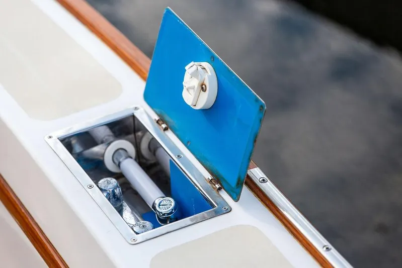 Renegade Yacht Photos Pics Open hatch on 1994 Little Harbor Express boat, showing interior components.