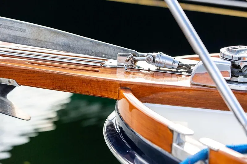 Renegade Yacht Photos Pics Close-up of 1994 Little Harbor Express boat's polished wooden deck and metal fittings.