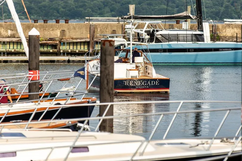 Renegade Yacht Photos Pics 1994 Little Harbor Express boat "Renegade" docked in a marina.