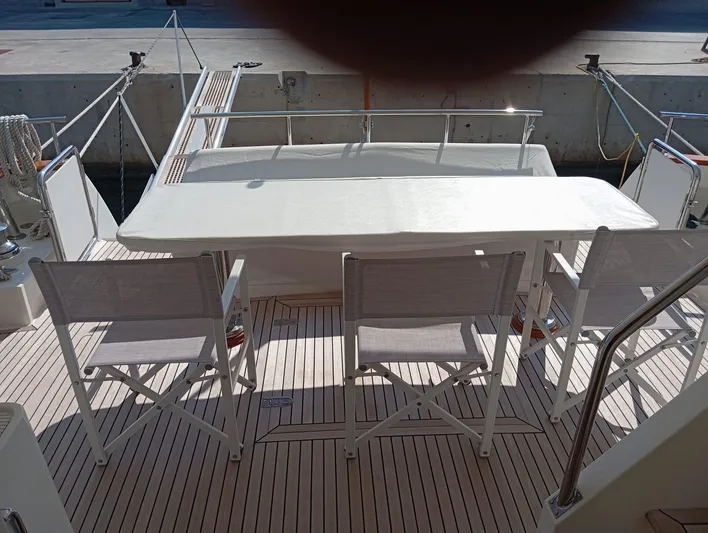 Saturnia Yacht Photos Pics Outdoor seating area on 2009 Grand Banks 59 Aleutian RP yacht deck.