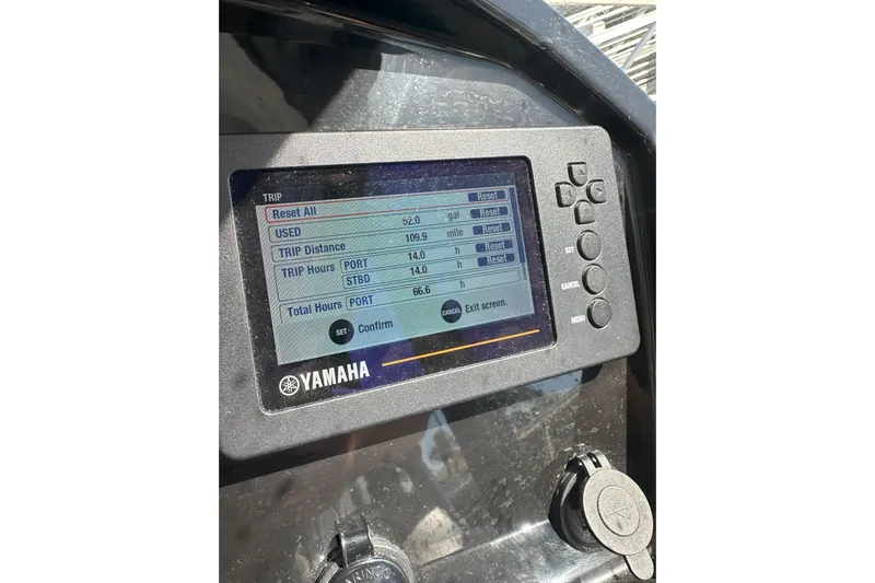 Destination Unknown II Yacht Photos Pics Yamaha display on 2021 Jeanneau NC895 showing trip data and settings.