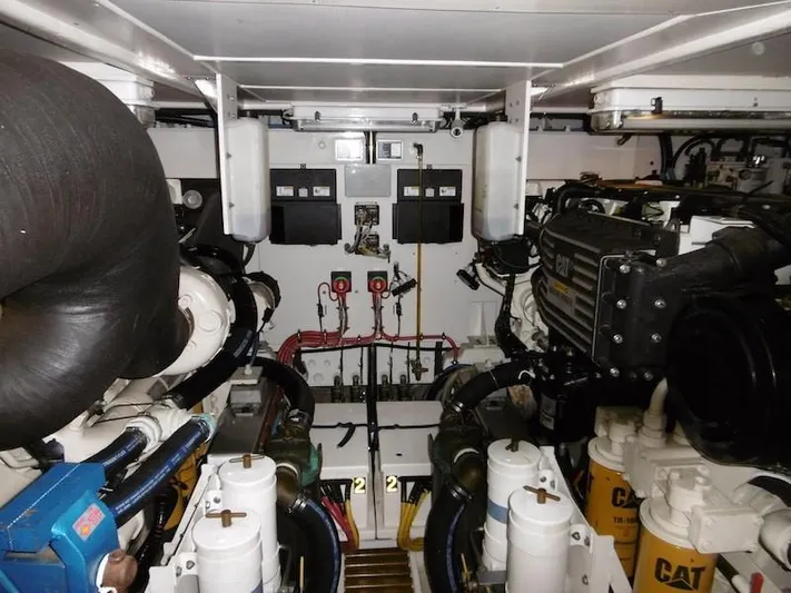 Saturnia Yacht Photos Pics Engine room of 2009 Grand Banks 59 Aleutian RP yacht, featuring CAT machinery.