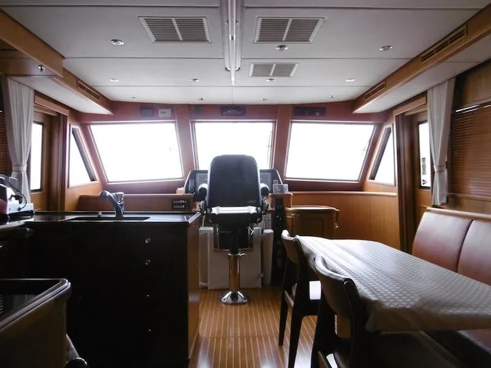 Saturnia Yacht Photos Pics Interior of 2009 Grand Banks 59 Aleutian RP yacht, featuring helm and seating area.