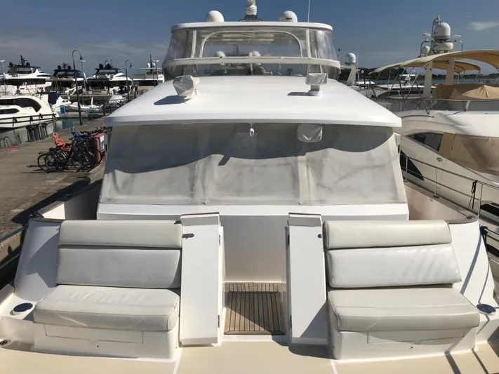 Saturnia Yacht Photos Pics 2009 Grand Banks 59 Aleutian RP yacht with white seating, docked at a marina.