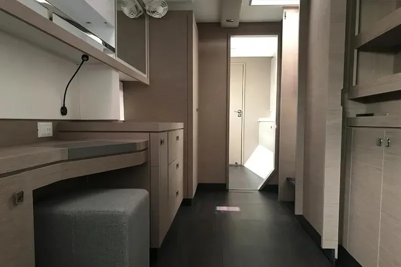 Idalia Yacht Photos Pics Interior of 2020 Fountaine Pajot Saona 47 Maestro yacht, featuring modern cabinetry and seating.