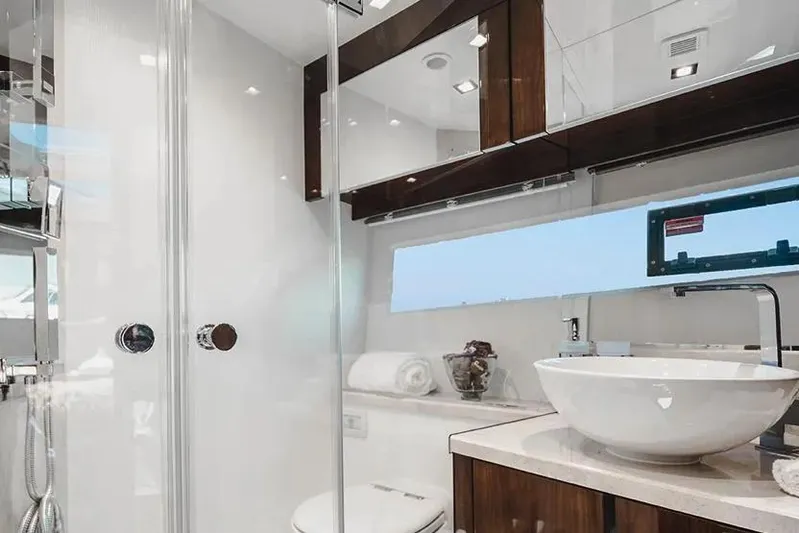 American Pride Yacht Photos Pics Luxurious bathroom in 2023 Galeon 470 Sky yacht with modern fixtures and elegant design.