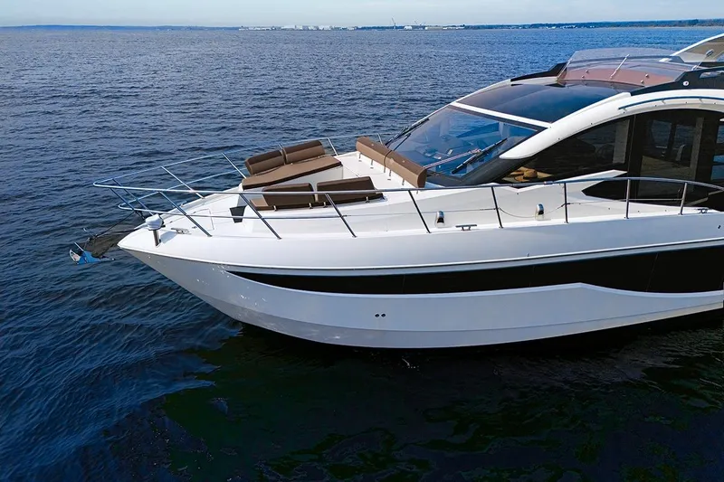 American Pride Yacht Photos Pics 2023 Galeon 470 Sky yacht on open water, showcasing sleek design and luxury features.