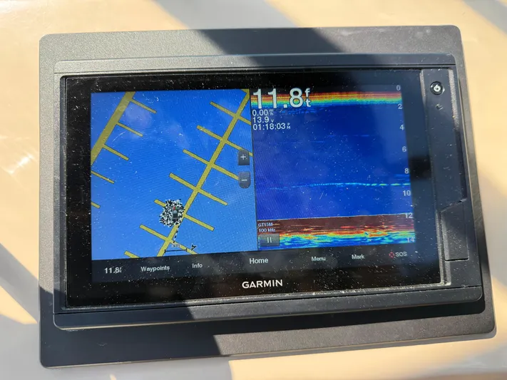  Yacht Photos Pics Garmin marine GPS display on 2006 Carver 36 Mariner showing depth and navigation data.