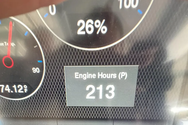  Yacht Photos Pics Fountain 38 SC 2022 dashboard showing 213 engine hours and 74.12°F temperature.