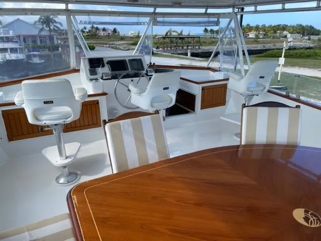 Dame De Coeur Yacht Photos Pics 1982 Cheoy Lee 66 LRC yacht interior with helm, seating, and wooden table.