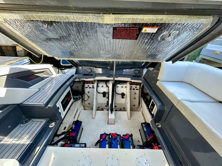 Tgis Yacht Photos Pics 2021 Cruisers Yachts 338 South Beach Edition Bow Rider engine compartment, showcasing modern design and equipment.