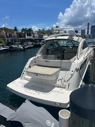  Yacht Photos Pics 2013 Sea Ray 410 Sundancer yacht docked in a sunny marina.