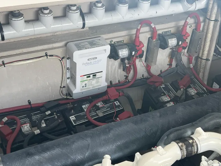  Yacht Photos Pics Electrical system of a 2013 Sea Ray 410 Sundancer with batteries and ProNautic charger.