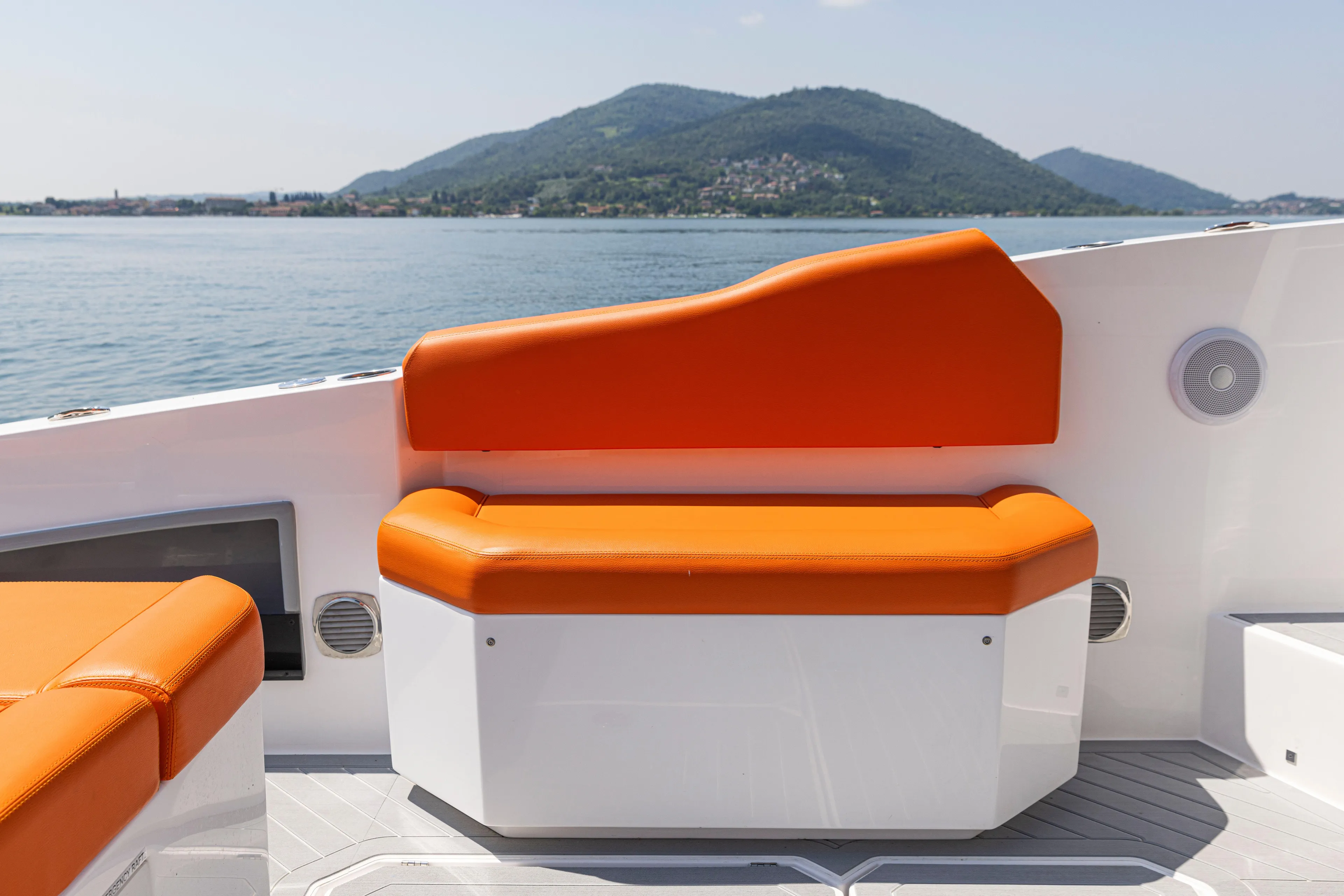 Yacht Photos Pics 2024 Rio Yachts Daytona 35 with orange seating, scenic mountain and lake view.