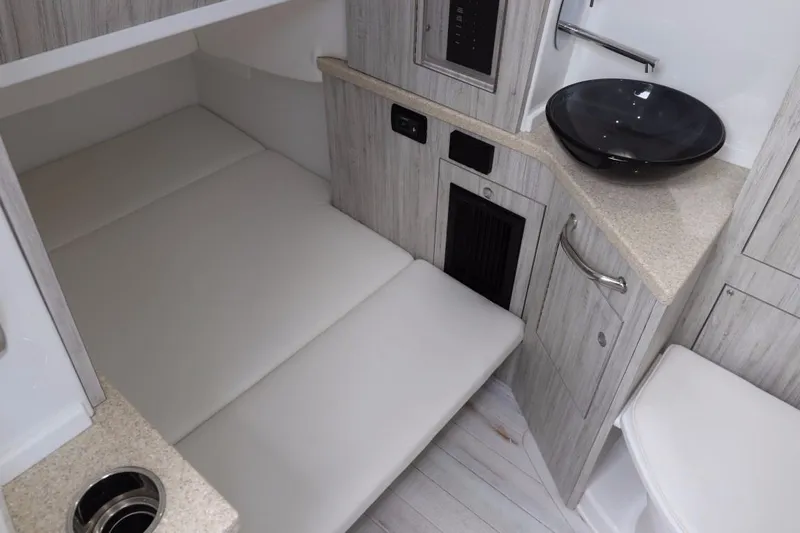 Batavia Yacht Photos Pics 2019 HCB 42 Siesta interior with modern seating and sleek sink design.