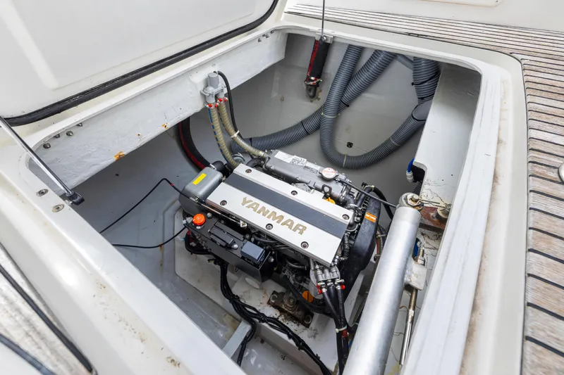 Benedetto Yacht Photos Pics Engine compartment of a 2020 Lagoon 42 catamaran with Yanmar engine.
