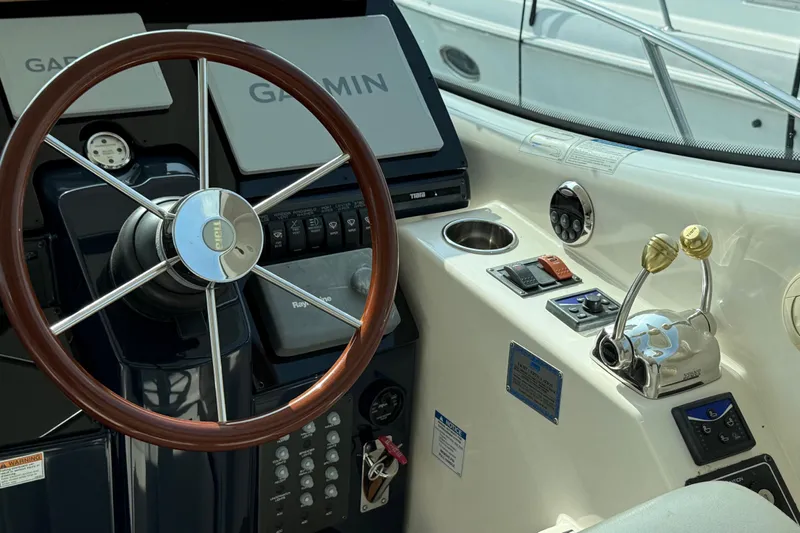  Yacht Photos Pics Helm of 2007 Tiara Yachts 3900 Sovran with Garmin navigation and dual throttle controls.