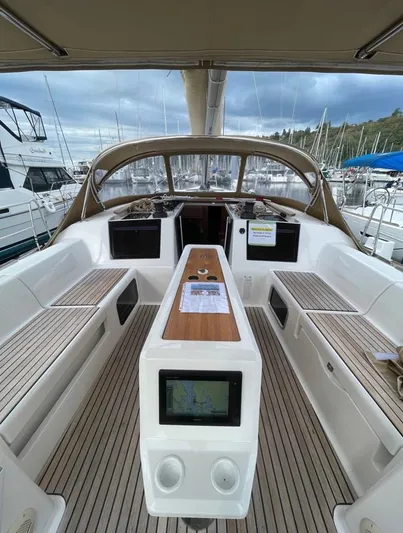 Stellar Yacht Photos Pics 2016 Dufour 460 Grand Large yacht cockpit with modern navigation systems and spacious seating.