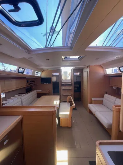 Stellar Yacht Photos Pics Interior of 2016 Dufour 460 Grand Large yacht with modern furnishings and skylights.