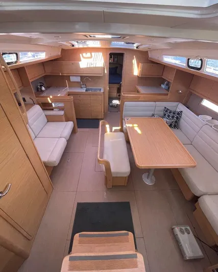 Stellar Yacht Photos Pics Interior of 2016 Dufour 460 Grand Large yacht with modern wood finish and spacious seating.