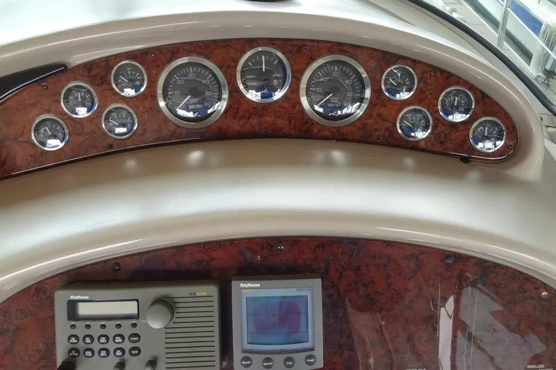 Shel 'b' Gale Yacht Photos Pics Dashboard of a 2001 Sea Ray 380 Sundancer with gauges and navigation equipment.
