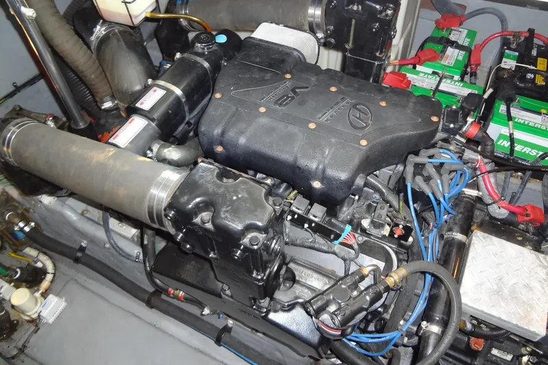 Shel 'b' Gale Yacht Photos Pics Engine compartment of a 2001 Sea Ray 380 Sundancer with visible components and wiring.