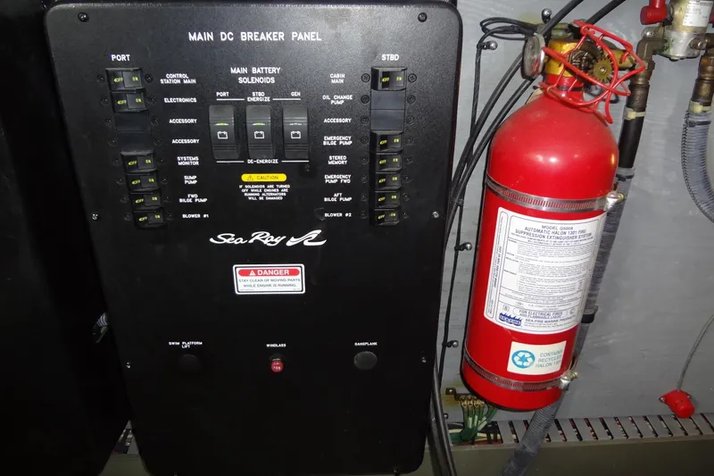 Shel 'b' Gale Yacht Photos Pics Main DC breaker panel and fire extinguisher on 2001 Sea Ray 380 Sundancer boat.
