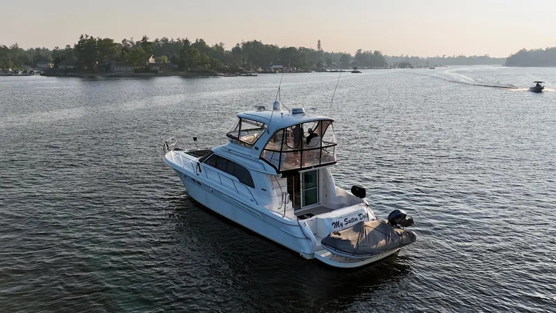 My Satin Doll Yacht Photos Pics 2001 Sea Ray 480 Sedan Bridge yacht cruising on a serene lake.