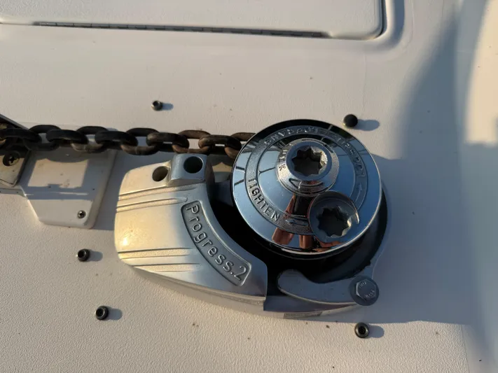 My Satin Doll Yacht Photos Pics Anchor windlass on 2001 Sea Ray 480 Sedan Bridge boat deck.