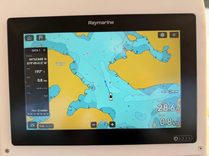 My Satin Doll Yacht Photos Pics Raymarine navigation display on 2001 Sea Ray 480 Sedan Bridge, showing nautical chart and vessel data.