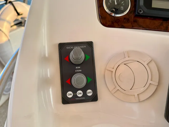 My Satin Doll Yacht Photos Pics Control panel of a 2001 Sea Ray 480 Sedan Bridge boat with thruster controls.