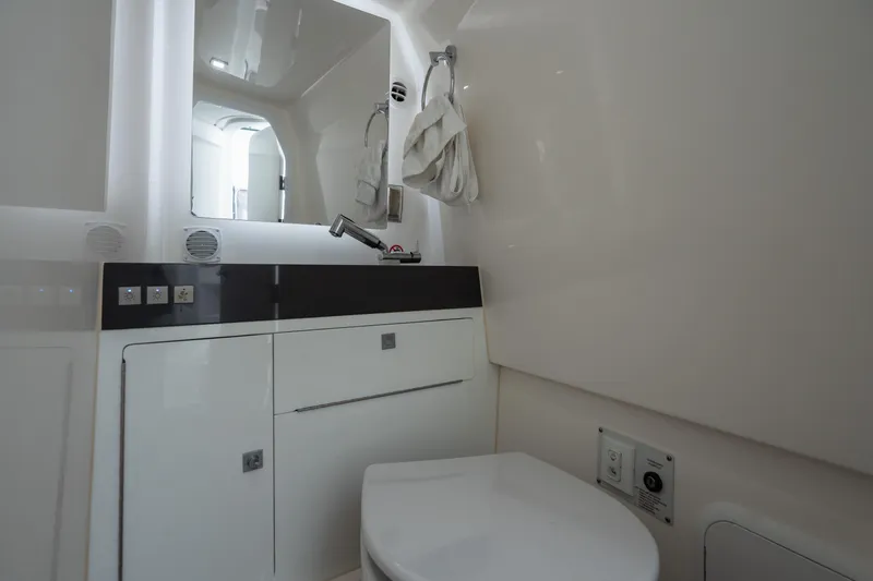 Pellicano Yacht Photos Pics 2023 Aviara AV36 OB boat bathroom with modern fixtures and sleek design.