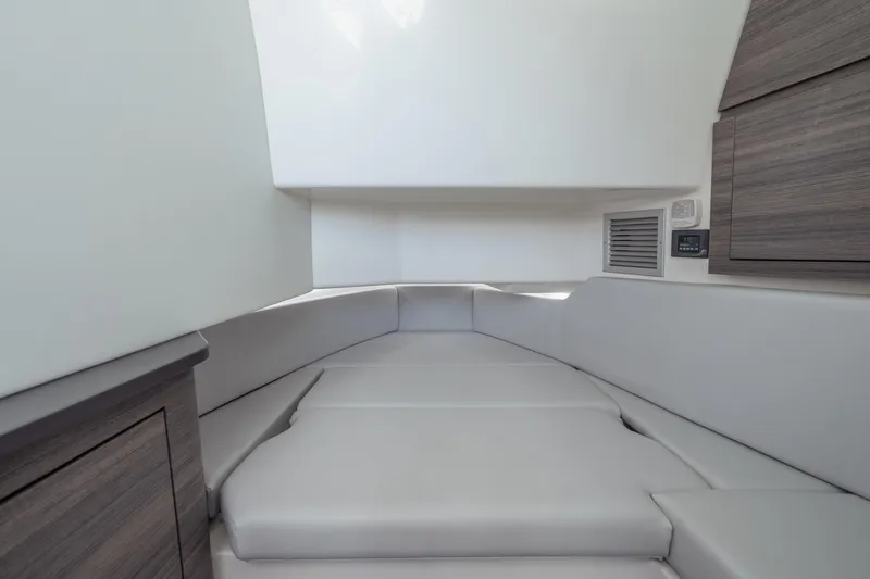 Pellicano Yacht Photos Pics 2023 Aviara AV36 OB interior cabin with modern seating and sleek design.