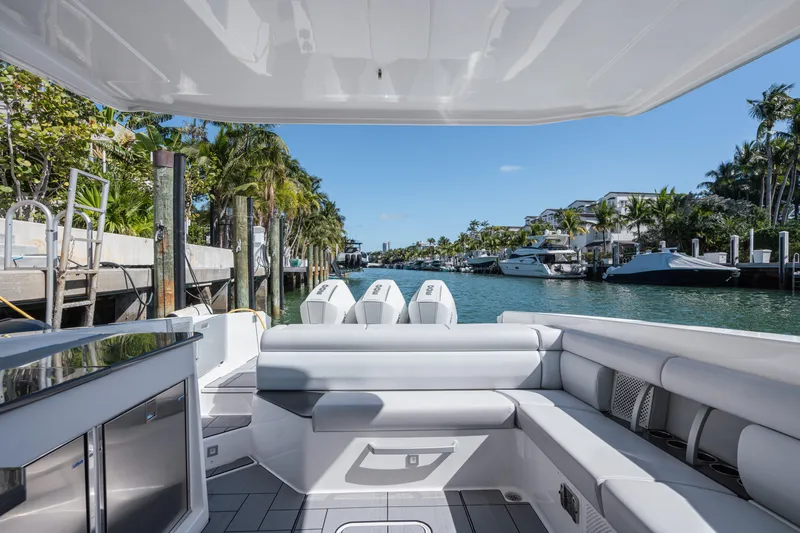 Pellicano Yacht Photos Pics 2023 Aviara AV36 OB luxury boat interior with waterfront view.