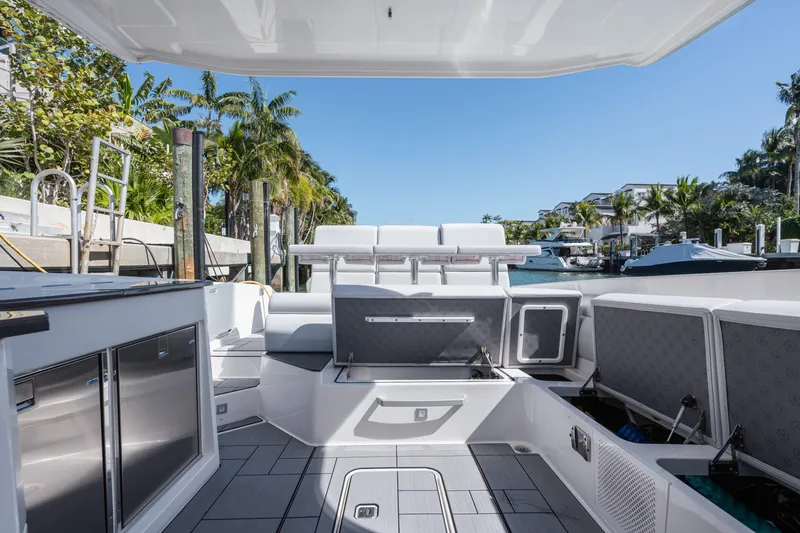 Pellicano Yacht Photos Pics 2023 Aviara AV36 OB boat interior with sleek seating and modern amenities.