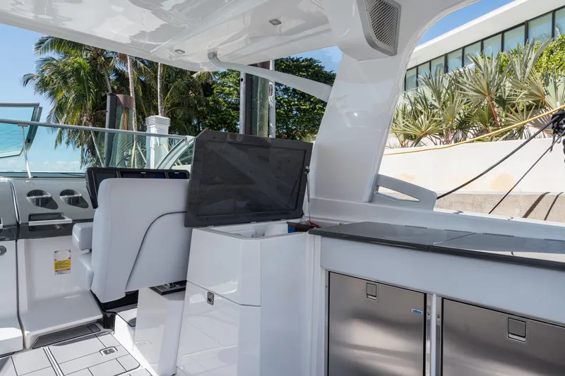 Pellicano Yacht Photos Pics 2023 Aviara AV36 OB boat interior with modern seating and sleek design.