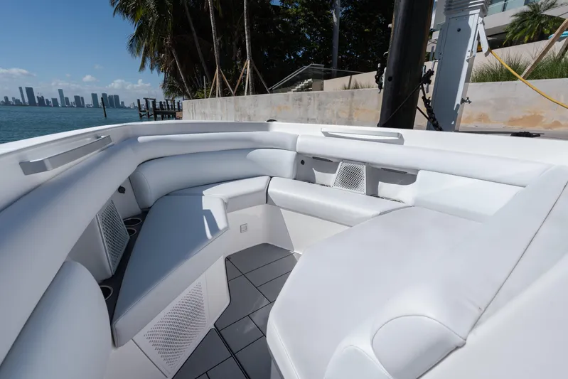 Pellicano Yacht Photos Pics 2023 Aviara AV36 OB boat interior with sleek white seating and modern design.