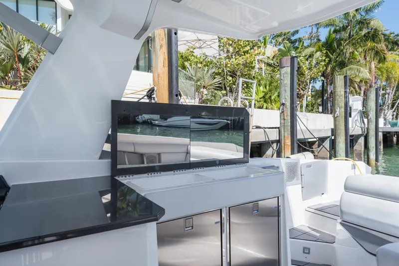 Pellicano Yacht Photos Pics 2023 Aviara AV36 OB luxury boat interior with sleek design and modern amenities.