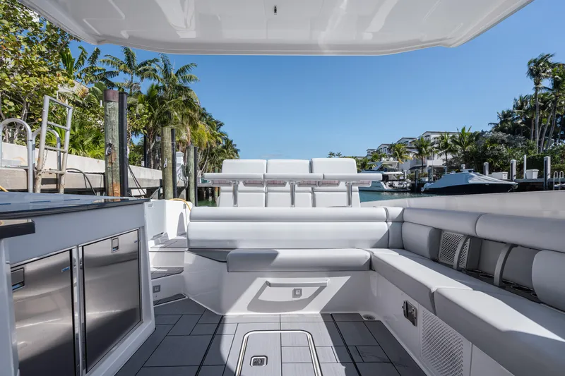 Pellicano Yacht Photos Pics 2023 Aviara AV36 OB luxury boat interior with sleek seating and modern amenities.
