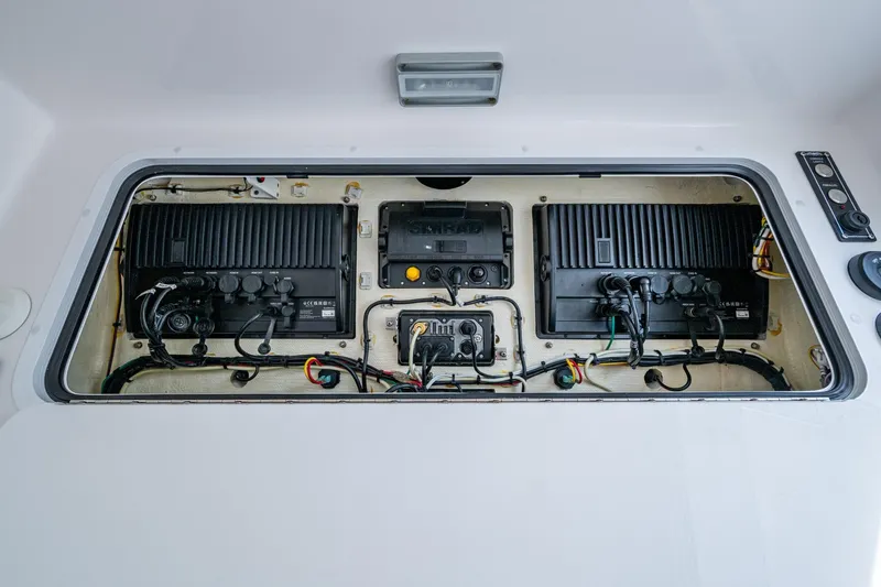  Yacht Photos Pics Electrical panel of 2023 Invincible 36 Open Fisherman boat, showcasing wiring and components.