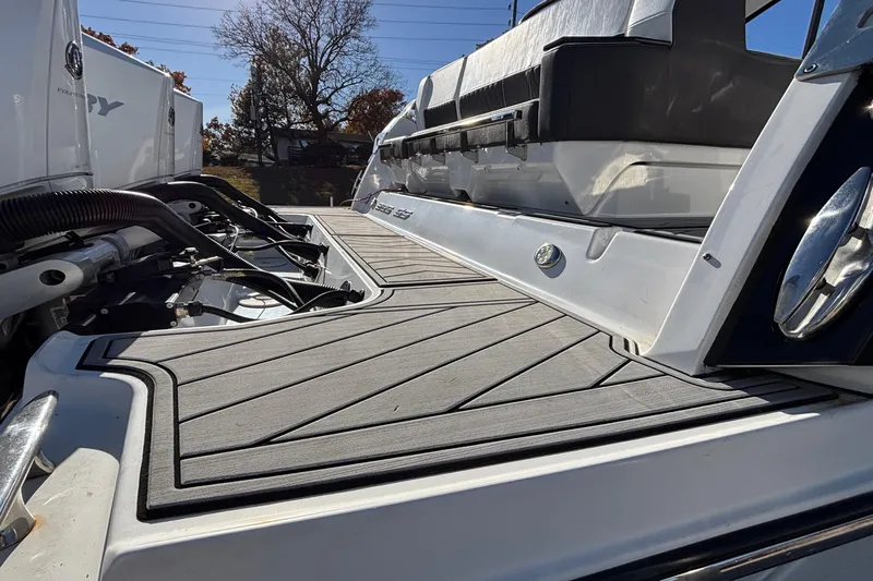  Yacht Photos Pics 2023 Monterey 385SS Super Sport boat deck with seating and engine details.