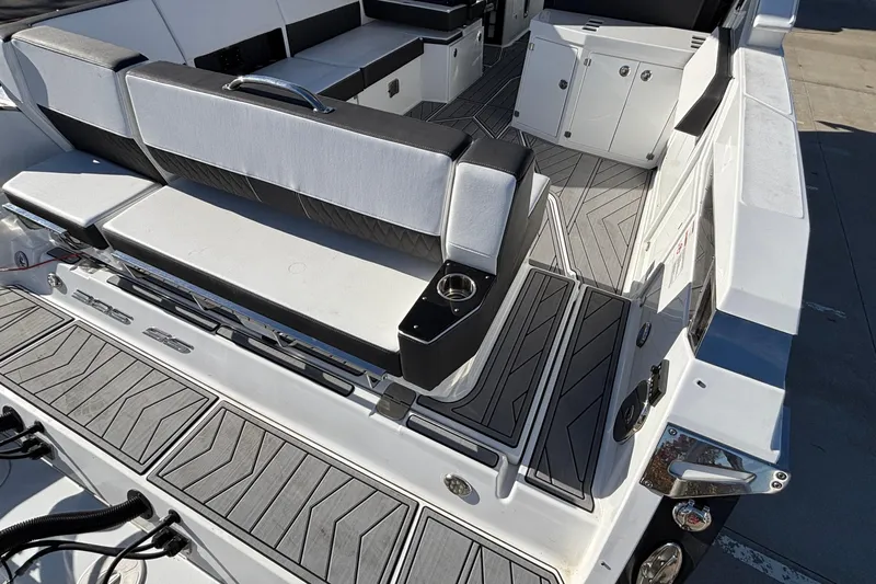  Yacht Photos Pics 2023 Monterey 385SS Super Sport boat interior with sleek seating and modern design.