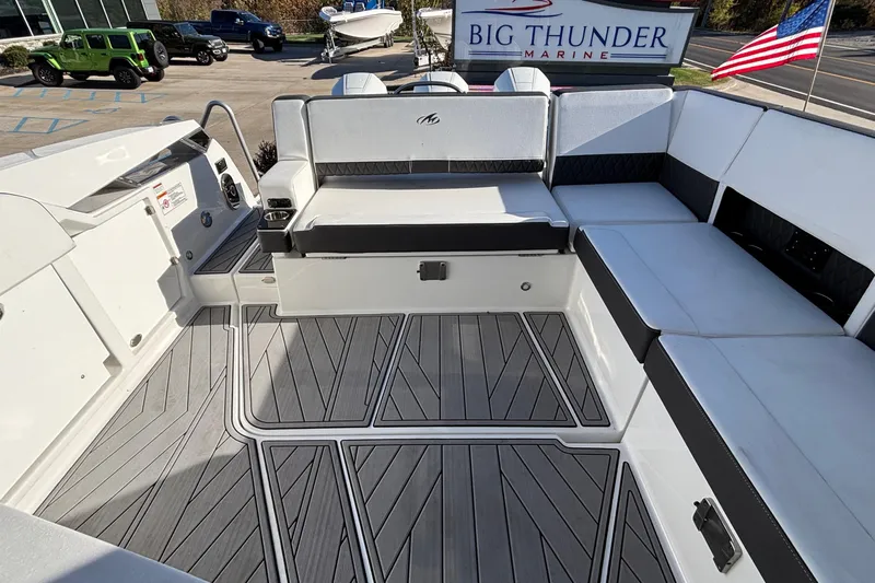  Yacht Photos Pics 2023 Monterey 385SS Super Sport boat interior with sleek seating and modern design.