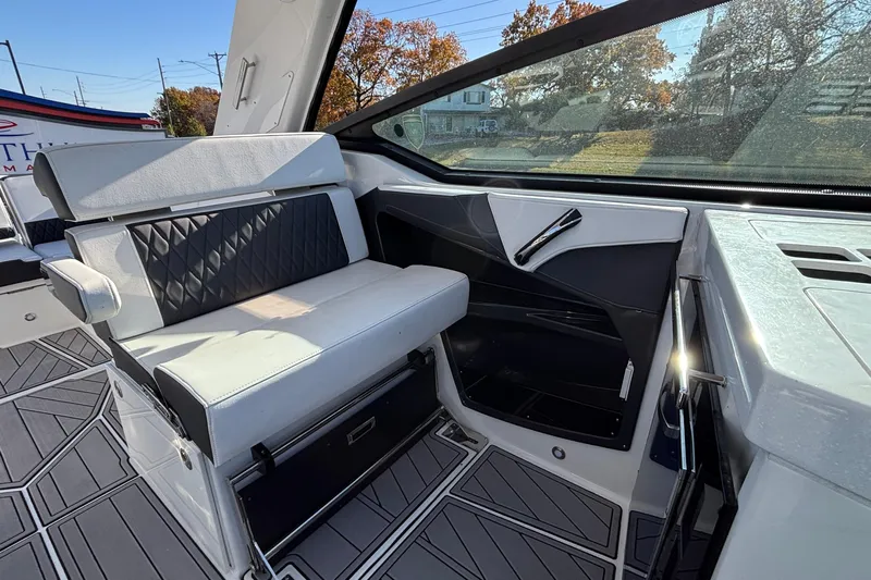  Yacht Photos Pics 2023 Monterey 385SS Super Sport interior with sleek seating and modern design elements.