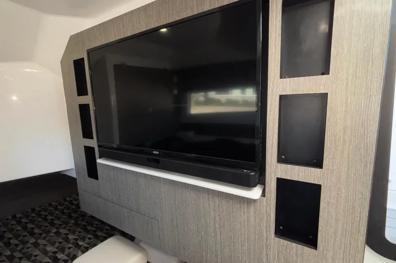  Yacht Photos Pics 2023 Monterey 385SS Super Sport interior with large TV and modern design.