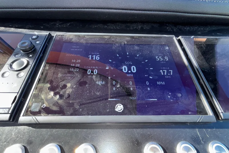  Yacht Photos Pics Dashboard display of a 2023 Monterey 385SS Super Sport boat showing speed and fuel data.