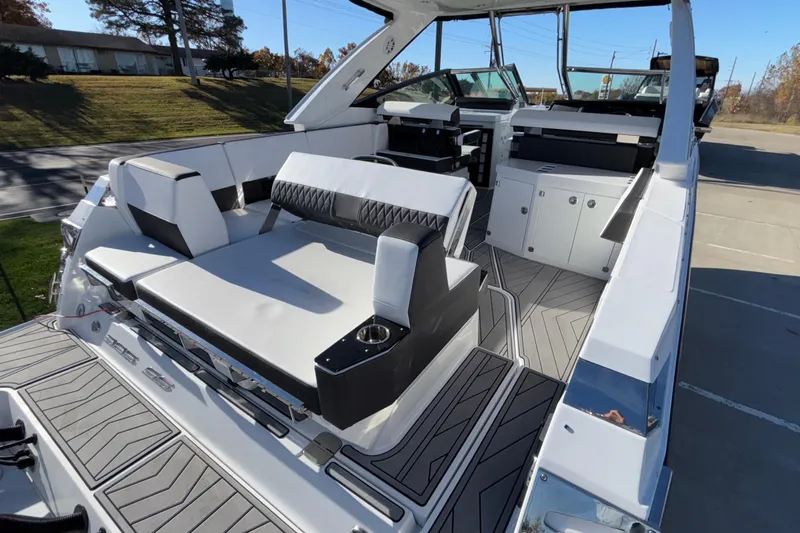  Yacht Photos Pics 2023 Monterey 385SS Super Sport boat interior with luxurious seating and modern design.