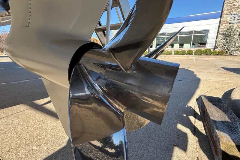  Yacht Photos Pics Close-up of a 2023 Monterey 385SS Super Sport boat propeller, showcasing its sleek design.