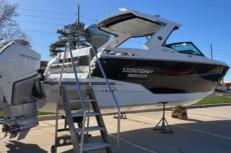  Yacht Photos Pics 2023 Monterey 385SS Super Sport boat on display with Mercury engine.
